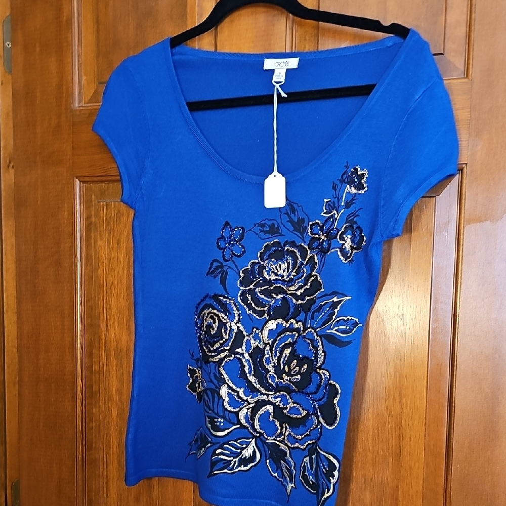 Cache Royal Blue Floral Short Sleeve Top
